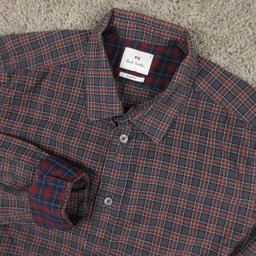 Paul Smith Shirt Mens Small Gray Orange Plaid Flip Cuff Slim Fit Button Up